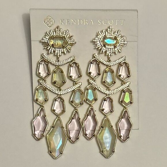 Kendra Scott Alexandria Gold Crystal Tiered Statement Drop Earrings NWT - Picture 2 of 6